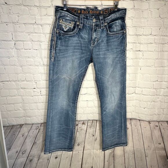 Rock Revival Jeans Mens 34 Blue Rogue Boot Embellished Denim Stretch - Picture 9 of 15